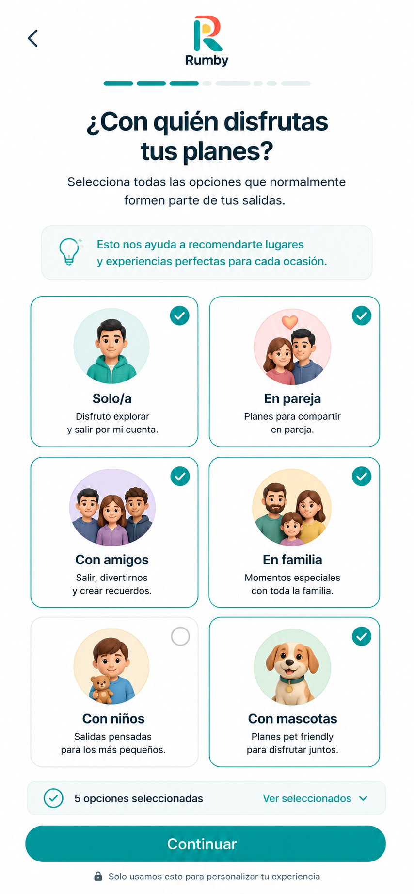 Pantalla de Rumby para indicar con quién disfrutas tus planes